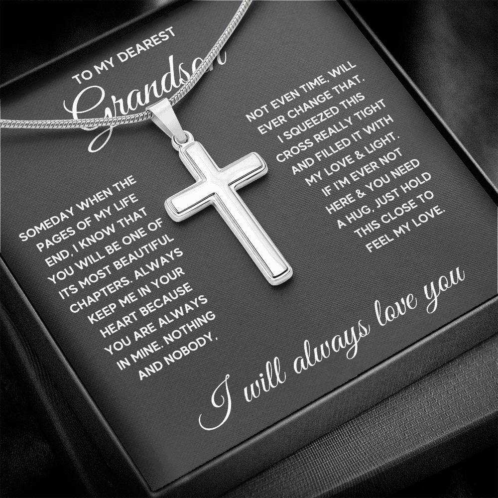 TO MY GRANDSON CHAPTERS SQUEEZED CROSS NECKLACE GIFT SET - ON CLOUD NINE GIFTS