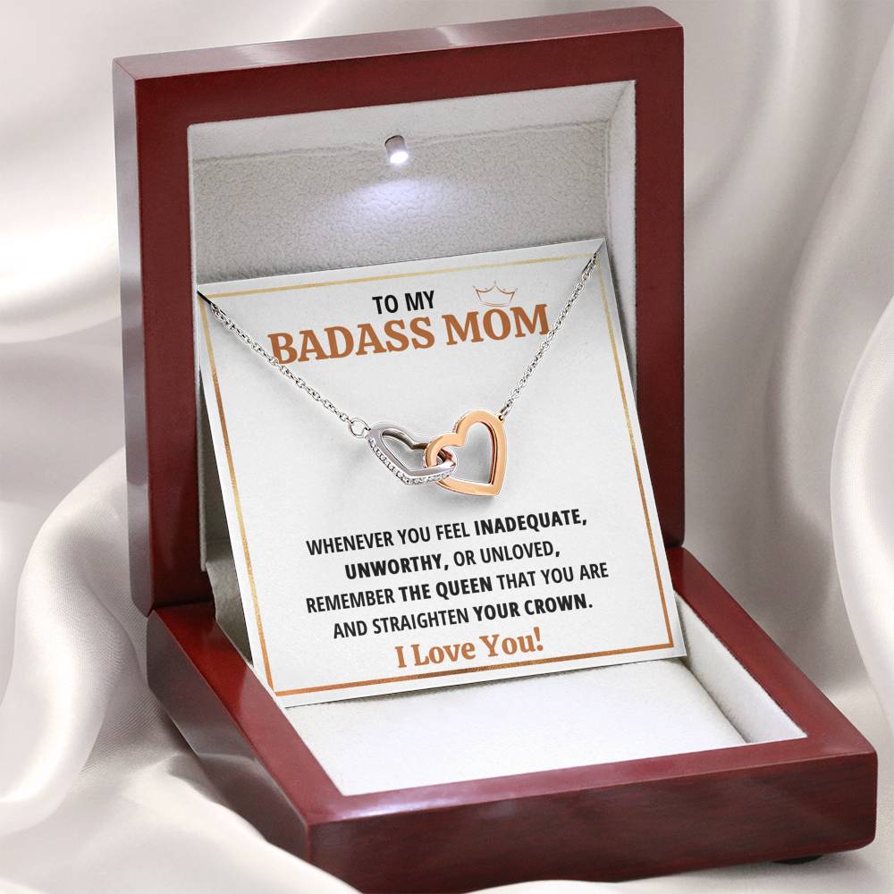 TO MY BADASS MOM QUEEN INTERLOCKING HEARTS NECKLACE GIFT SET - ON CLOUD NINE GIFTS