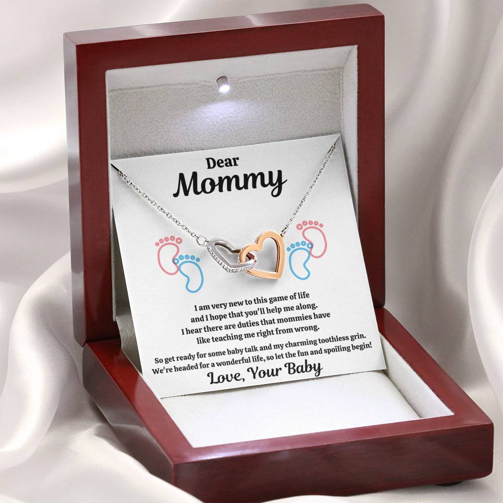 DEAR MOMMY "SPOILING BABY-FEET WHITE" INTERLOCKING HEARTS NECKLACE GIFT SET - ON CLOUD NINE GIFTS