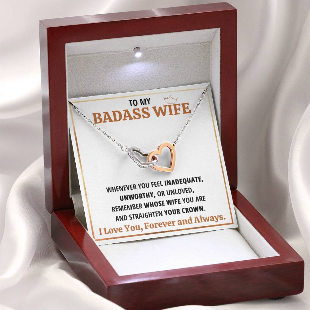 TO MY BADASS WIFE CROWN INTERLOCKING HEARTS NECKLACE GIFT SET - ON CLOUD NINE GIFTS