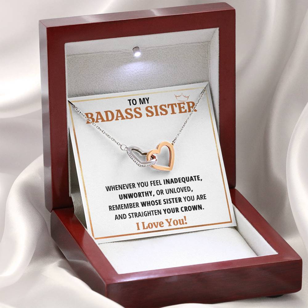 TO MY BADASS SISTER CROWN INTERLOCKING HEARTS NECKLACE GIFT SET - ON CLOUD NINE GIFTS