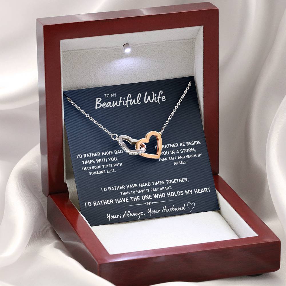TO MY BEAUTIFUL WIFE "I'D RATHER" INTERLOCKING HEARTS NECKLACE GIFT SET - ON CLOUD NINE GIFTS