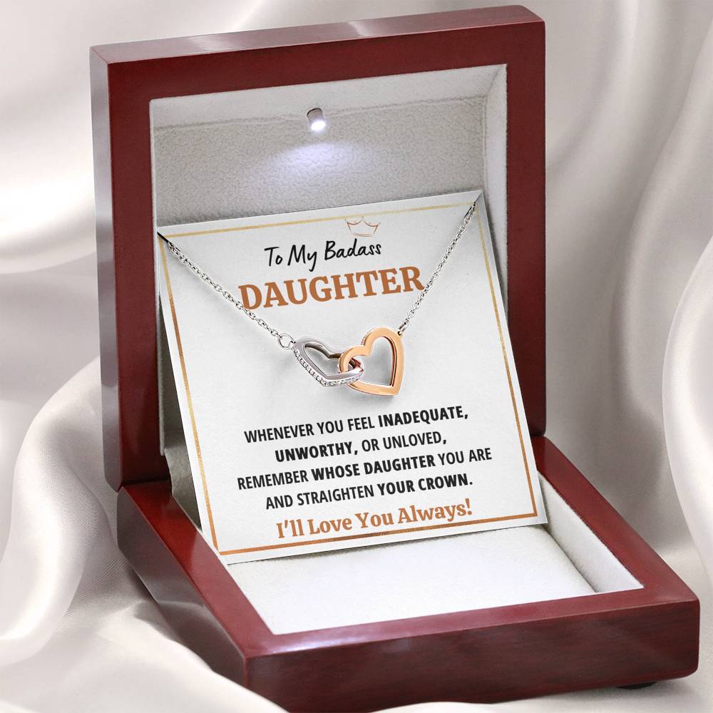 TO MY BADASS DAUGHTER CROWN INTERLOCKING HEARTS NECKLACE GIFT SET - ON CLOUD NINE GIFTS
