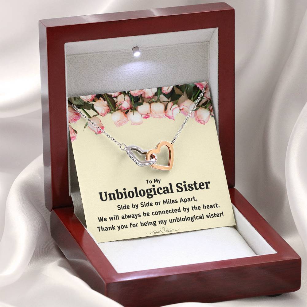 TO MY UNBIOLOGICAL SISTER "CONNECTED BY THE HEART" INTERLOCKING HEARTS NECKLACE GIFT SET - ON CLOUD NINE GIFTS