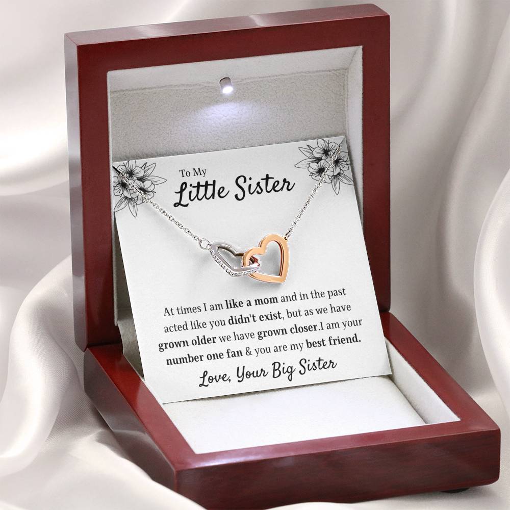 TO MY LITTLE SISTER "YOUR FAN" INTERLOCKING HEARTS NECKLACE GIFT SET - ON CLOUD NINE GIFTS