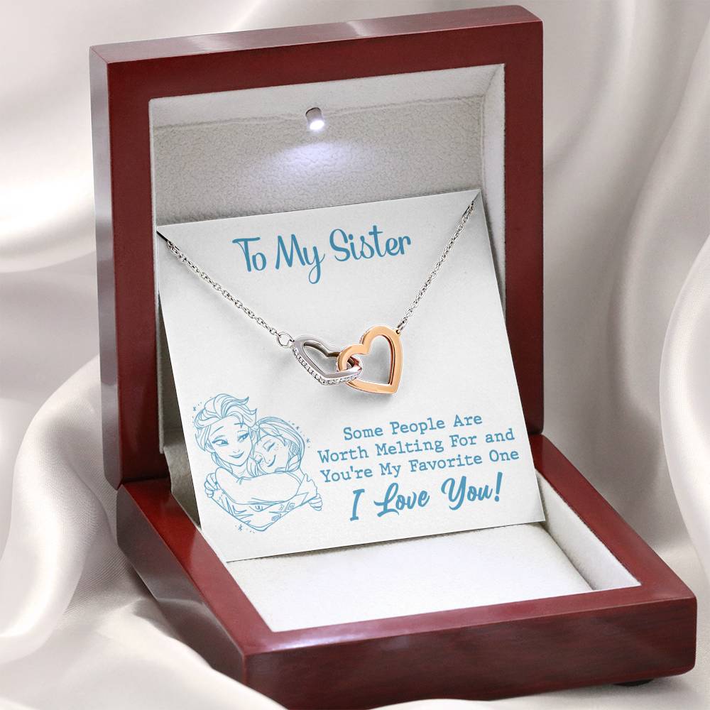 TO MY SISTER WORTH MELTING HUG SKY BLUE INTERLOCKING HEARTS NECKLACE GIFT SET - ON CLOUD NINE GIFTS