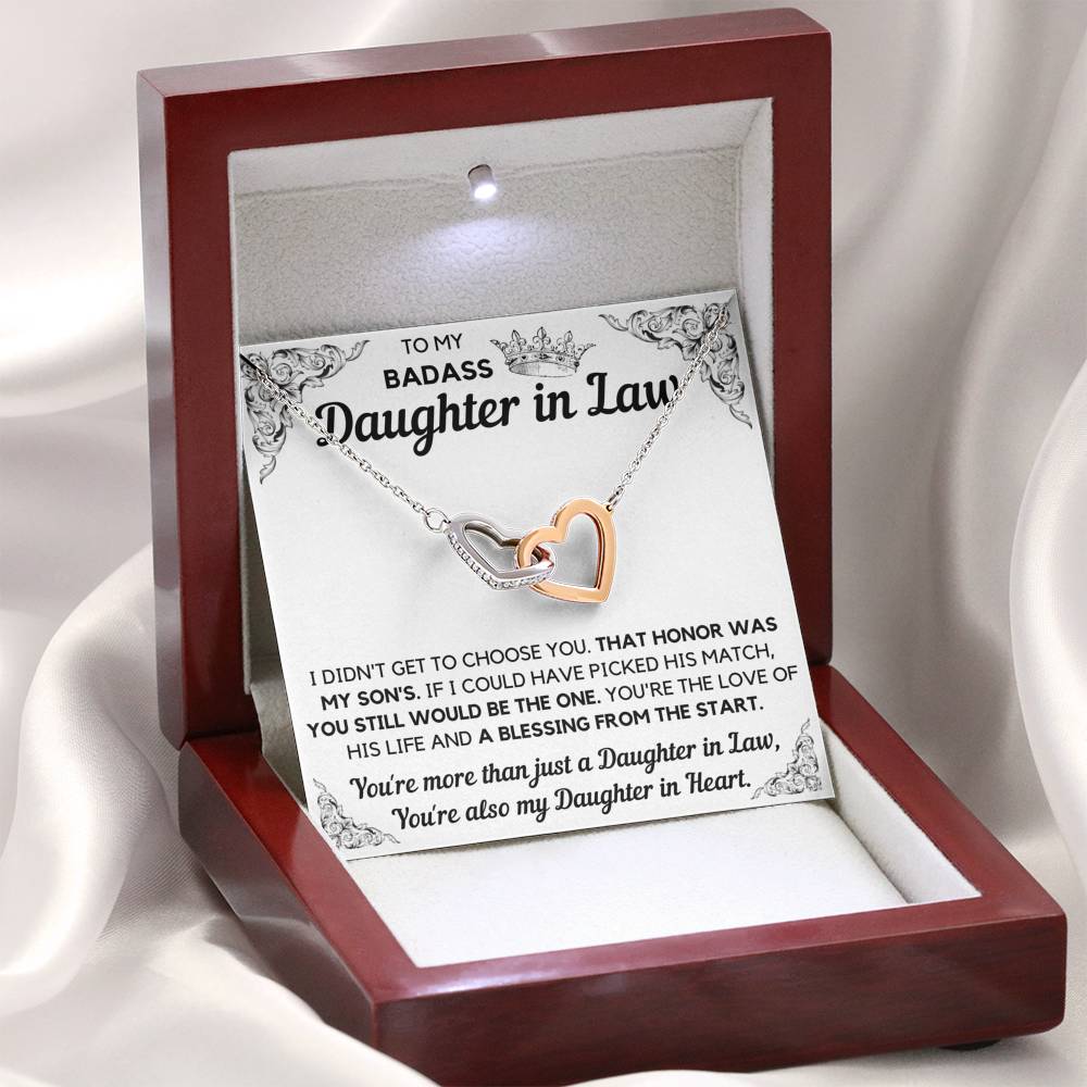 TO MY BADASS DAUGHTER-IN-LAW HONOR INTERLOCKING HEARTS NECKLACE GIFT SET - ON CLOUD NINE GIFTS
