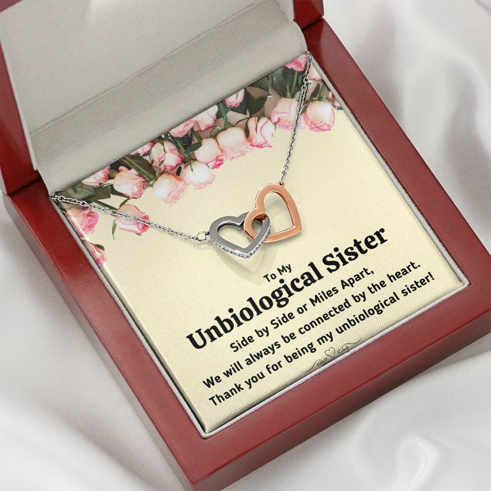TO MY UNBIOLOGICAL SISTER "CONNECTED BY THE HEART" INTERLOCKING HEARTS NECKLACE GIFT SET - ON CLOUD NINE GIFTS
