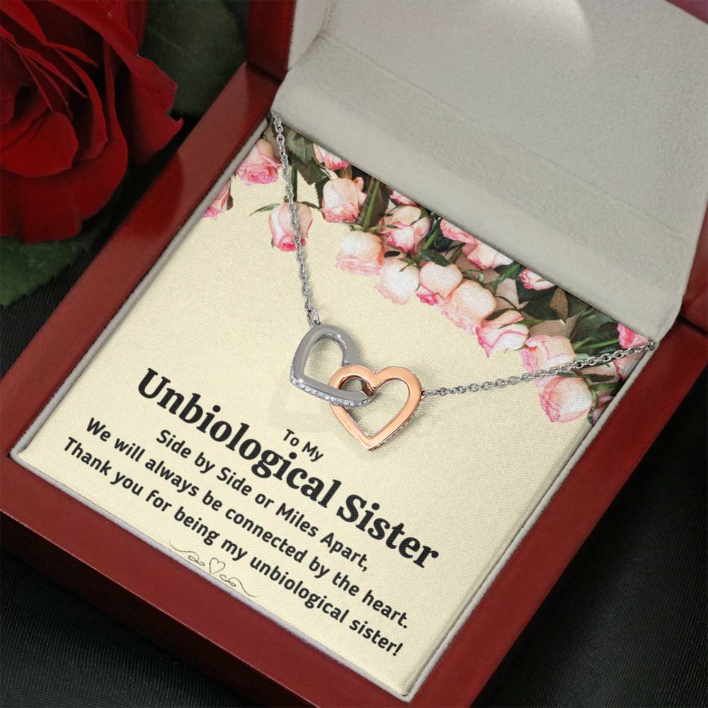 TO MY UNBIOLOGICAL SISTER "CONNECTED BY THE HEART" INTERLOCKING HEARTS NECKLACE GIFT SET - ON CLOUD NINE GIFTS