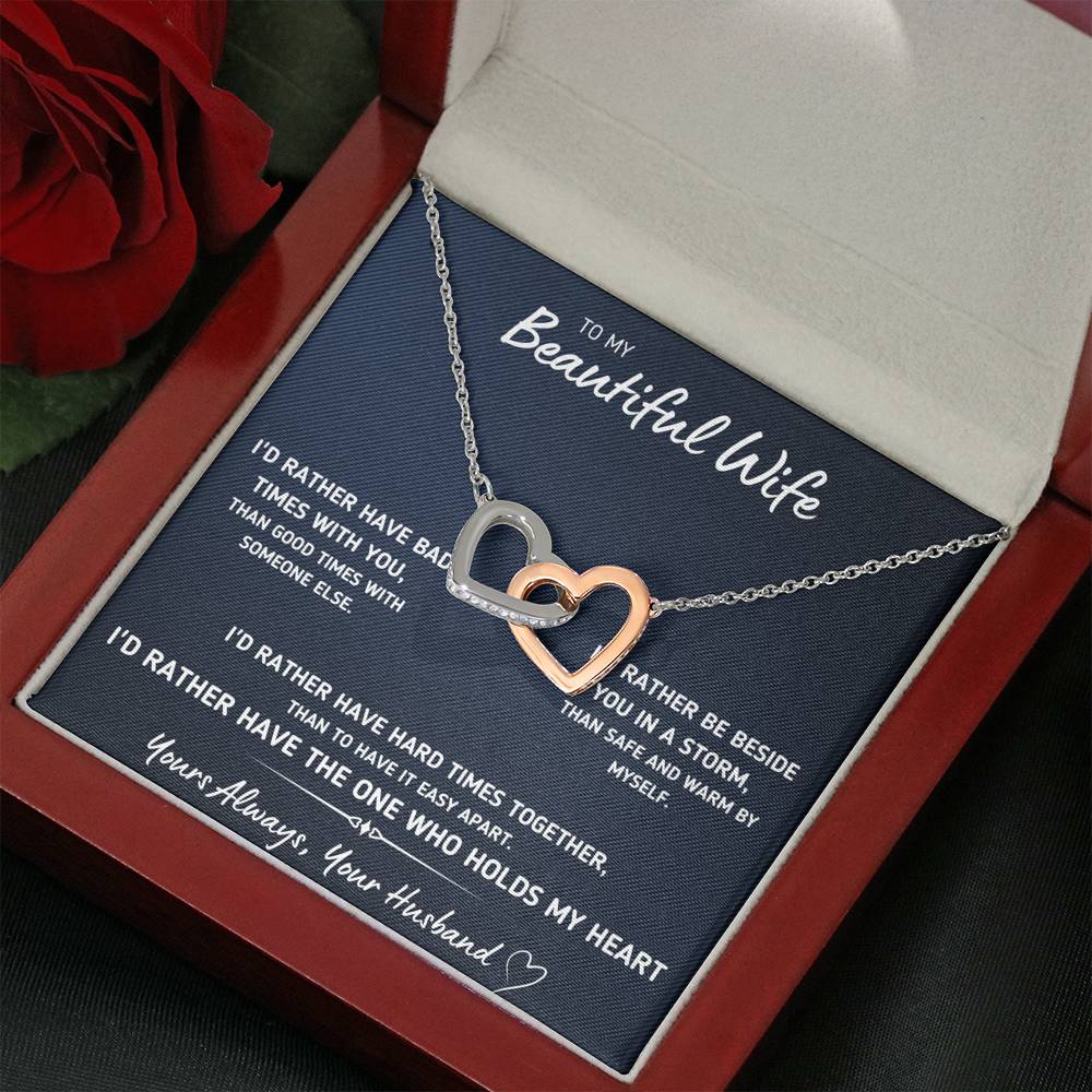 TO MY BEAUTIFUL WIFE "I'D RATHER" INTERLOCKING HEARTS NECKLACE GIFT SET - ON CLOUD NINE GIFTS