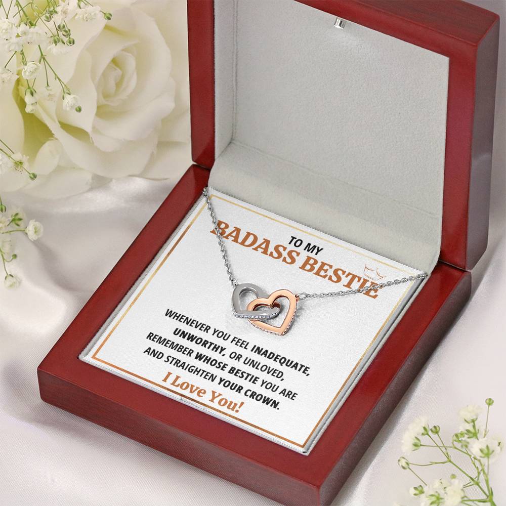 TO MY BADASS BESTIE CROWN INTERLOCKING HEARTS NECKLACE GIFT SET - ON CLOUD NINE GIFTS