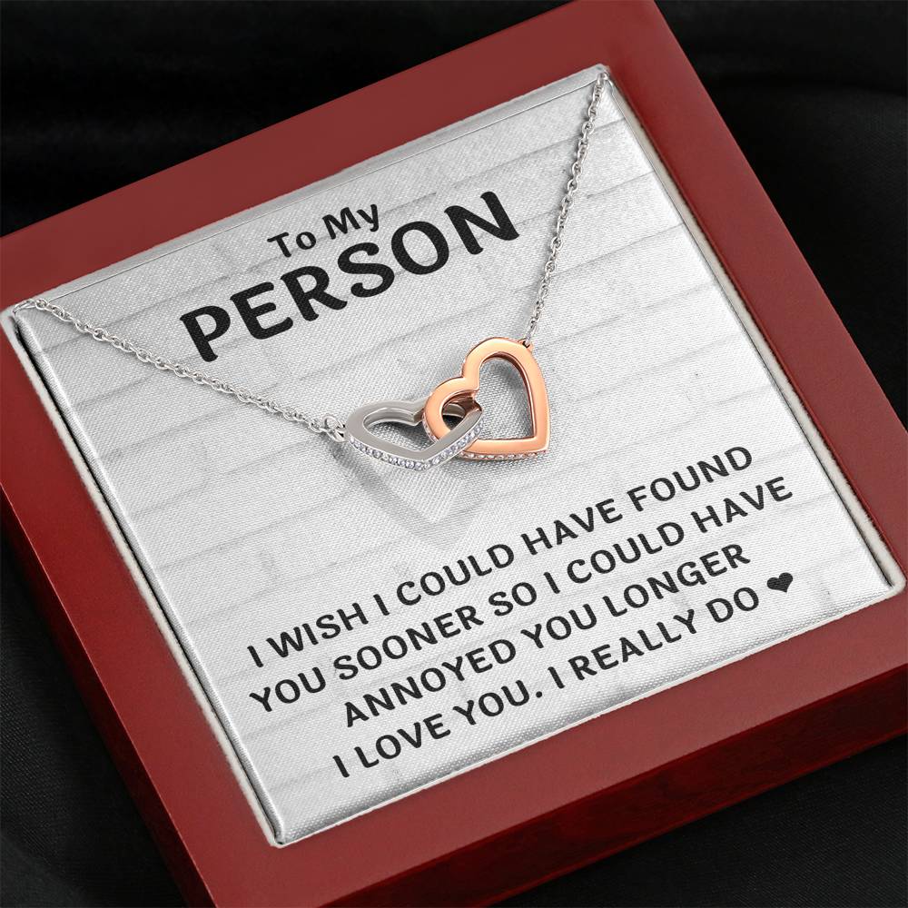 TO MY PERSON "FOUND YOU SOONER" INTERLOCKING HEARTS NECKLACE GIFT SET - ON CLOUD NINE GIFTS