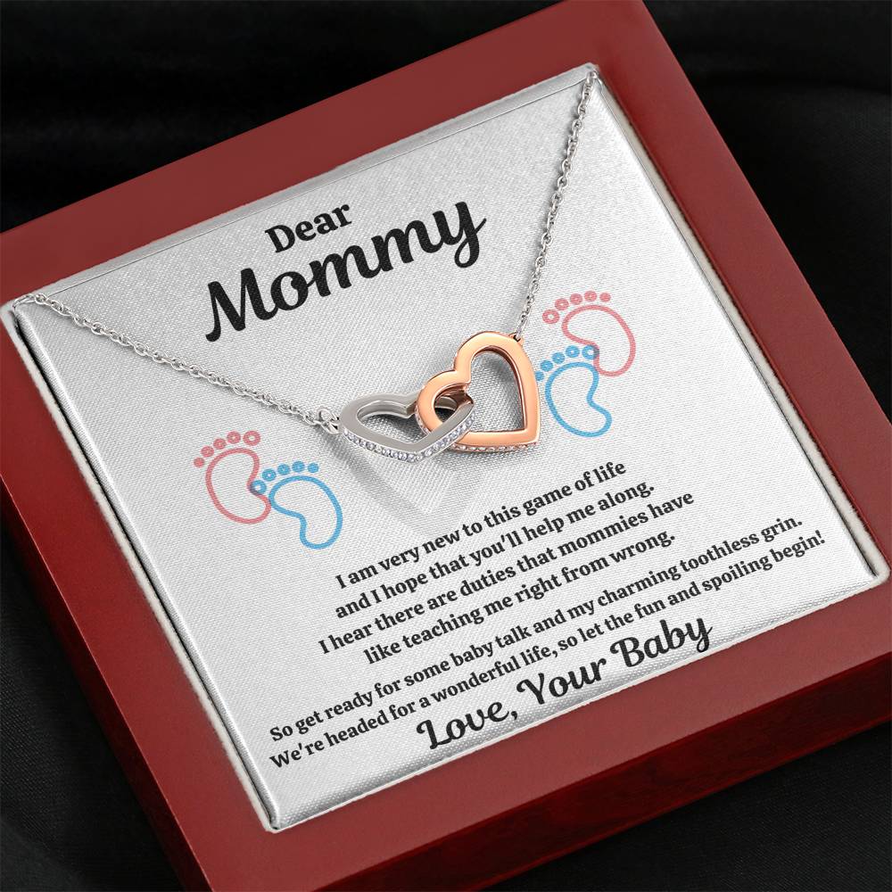 DEAR MOMMY "SPOILING BABY-FEET WHITE" INTERLOCKING HEARTS NECKLACE GIFT SET - ON CLOUD NINE GIFTS