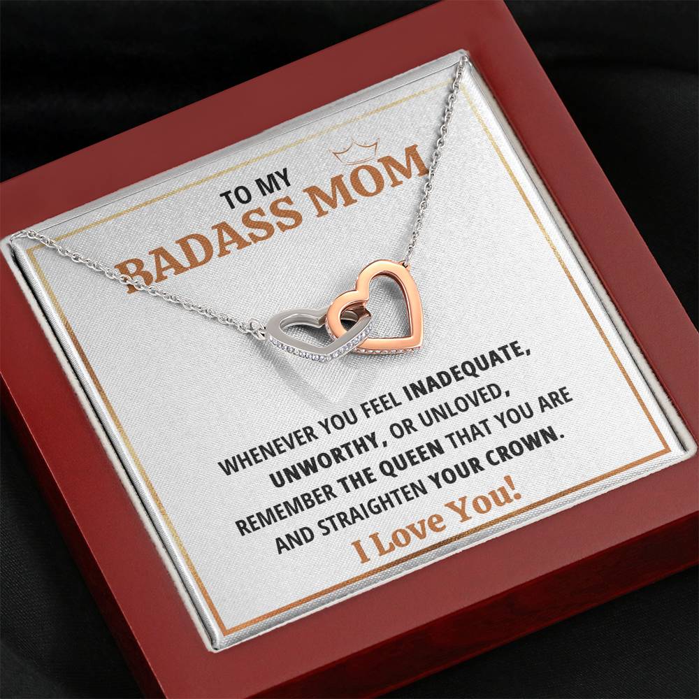 TO MY BADASS MOM QUEEN INTERLOCKING HEARTS NECKLACE GIFT SET - ON CLOUD NINE GIFTS