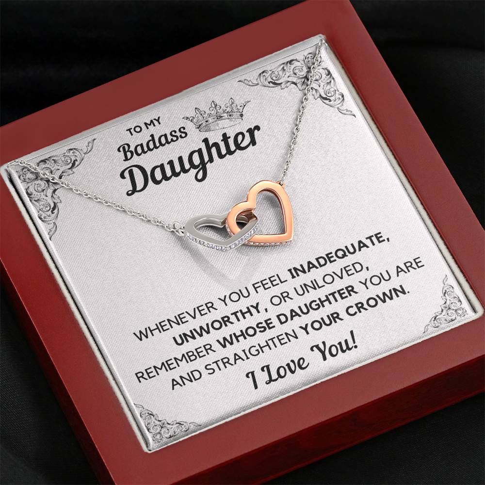 TO MY BADASS DAUGHTER CROWN DECORATION INTERLOCKING HEARTS NECKLACE GIFT SET - ON CLOUD NINE GIFTS