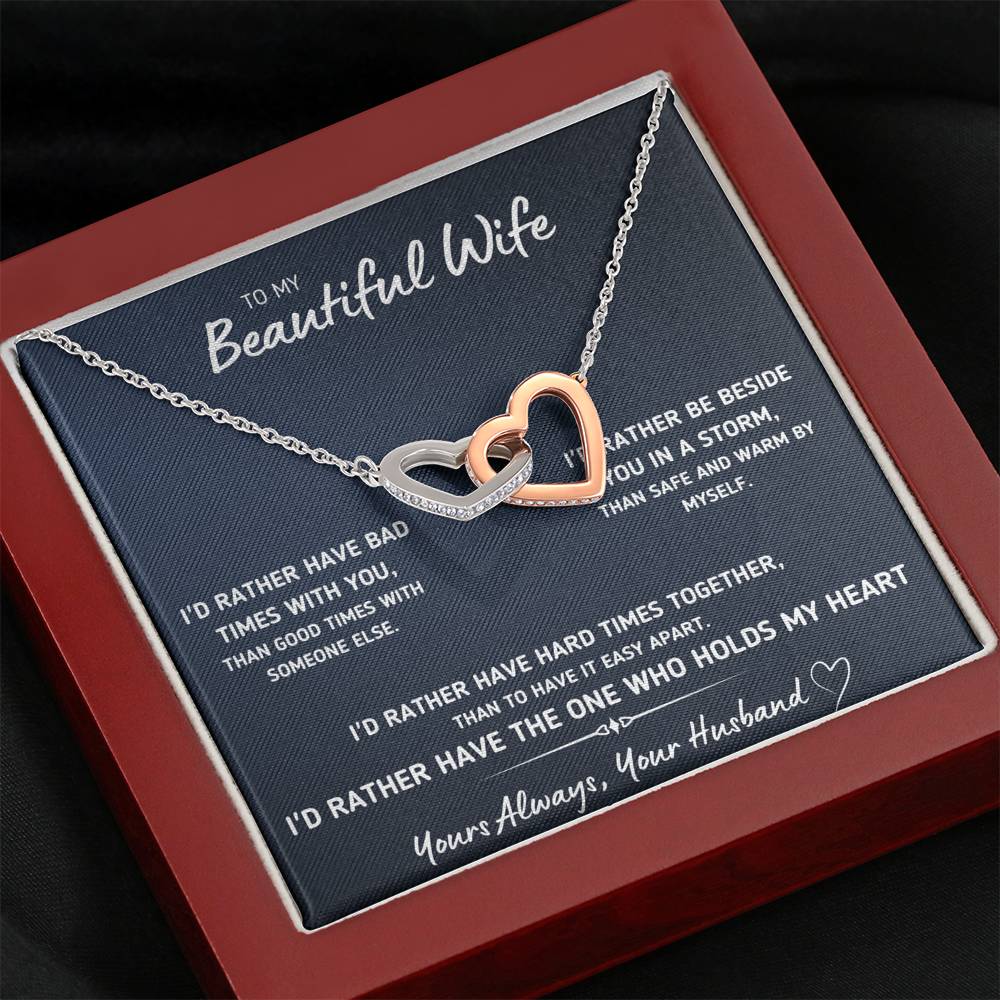 TO MY BEAUTIFUL WIFE "I'D RATHER" INTERLOCKING HEARTS NECKLACE GIFT SET - ON CLOUD NINE GIFTS