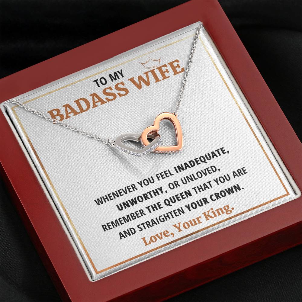 TO MY BADASS WIFE QUEEN INTERLOCKING HEARTS NECKLACE GIFT SET - ON CLOUD NINE GIFTS
