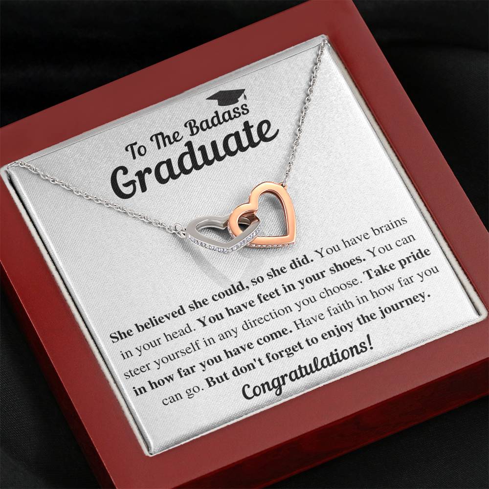 TO THE BADASS GRADUATE SHE DID INTERLOCKING HEARTS NECKLACE GIFT SET - ON CLOUD NINE GIFTS