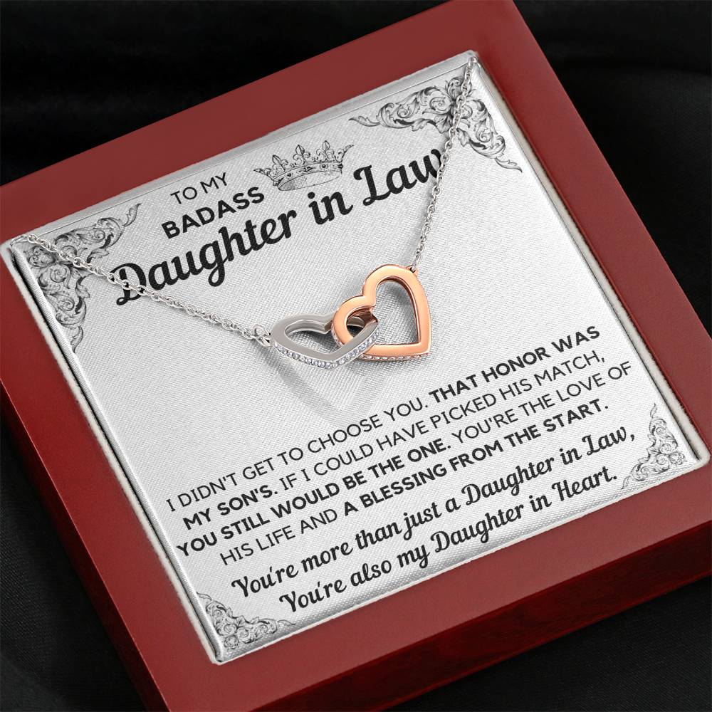 TO MY BADASS DAUGHTER-IN-LAW HONOR INTERLOCKING HEARTS NECKLACE GIFT SET - ON CLOUD NINE GIFTS