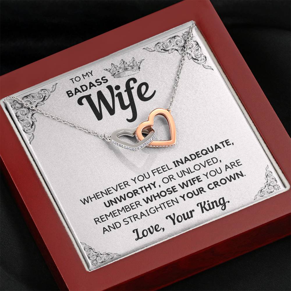 TO MY BADASS WIFE CROWN DECORATION INTERLOCKING HEARTS NECKLACE GIFT SET - ON CLOUD NINE GIFTS