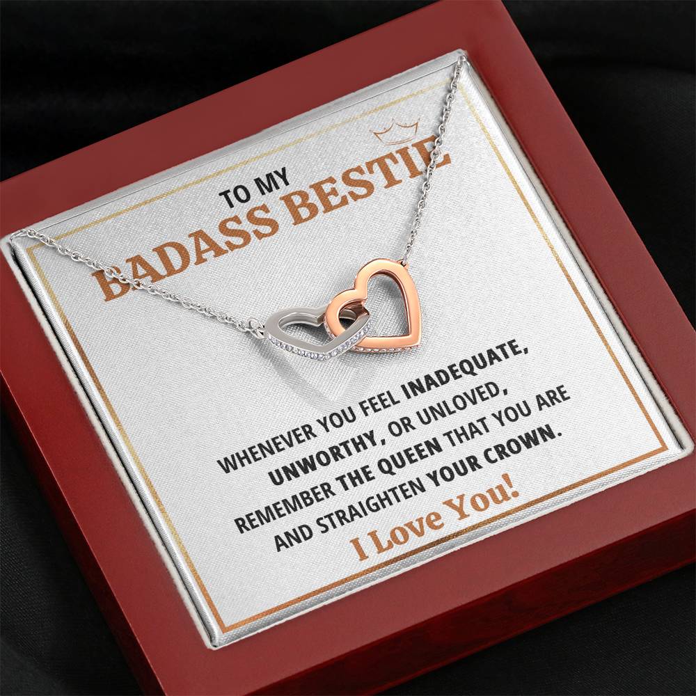 TO MY BADASS BESTIE QUEEN INTERLOCKING HEARTS NECKLACE GIFT SET - ON CLOUD NINE GIFTS