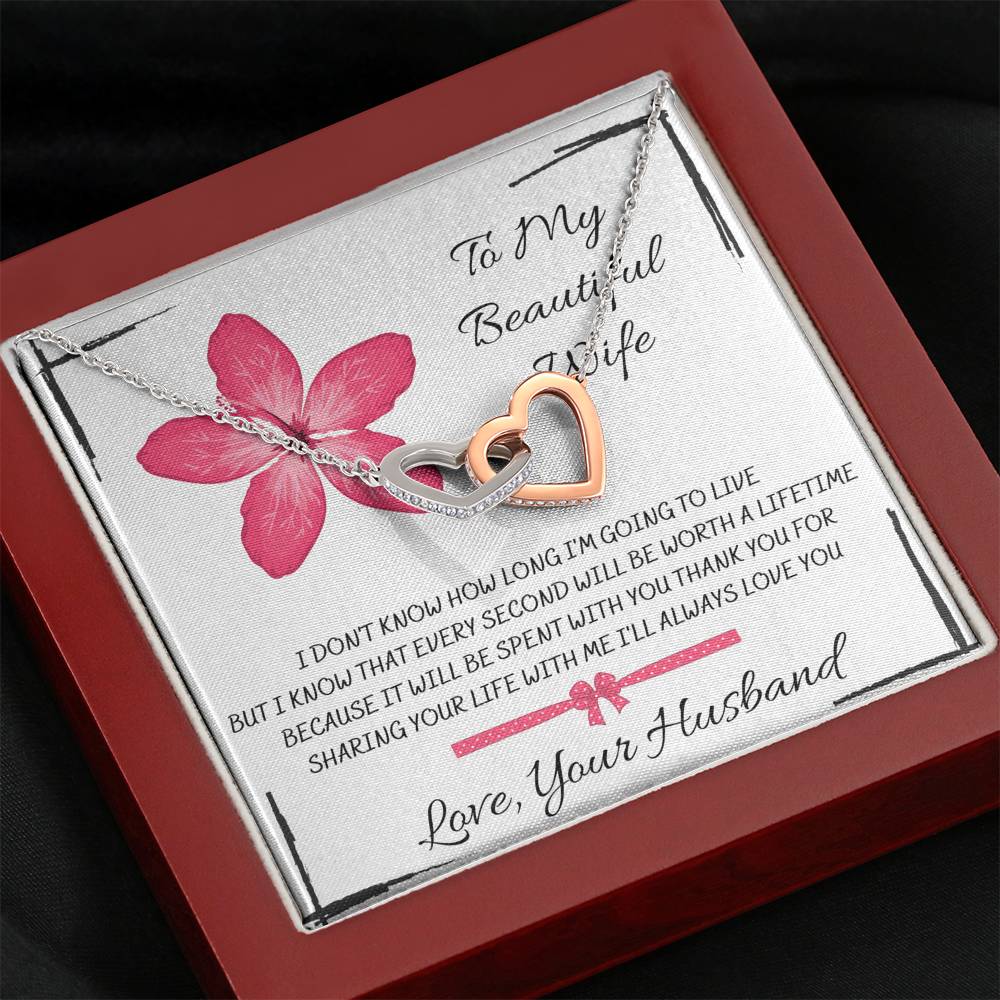 TO MY BEAUTIFUL WIFE "EVERY SECOND" INTERLOCKING HEARTS NECKLACE GIFT SET - ON CLOUD NINE GIFTS