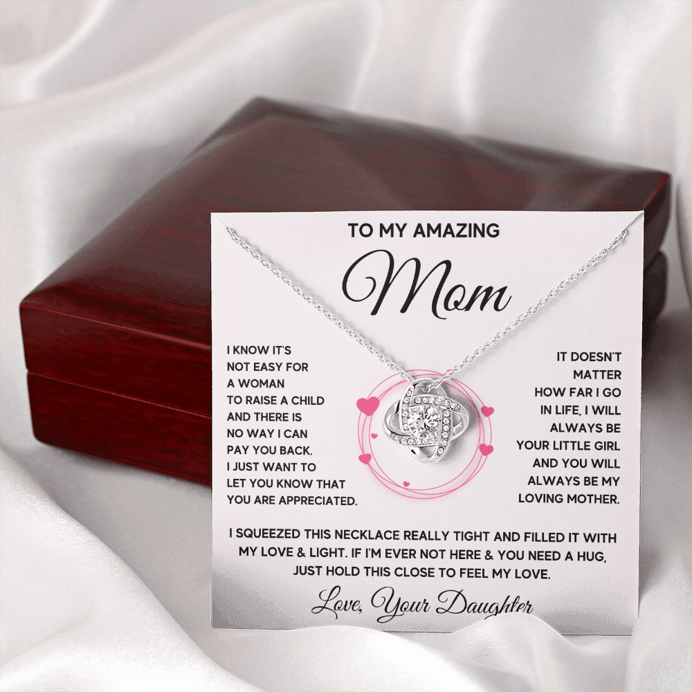 Mother birthday gift from daughter on Mothers Day Heart Pendant Love Knot Necklace I Love You Mom Gifts with Message Card and Gift Box - ON CLOUD NINE GIFTS