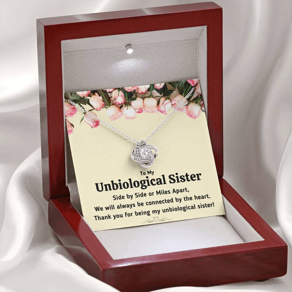 TO MY UNBIOLOGICAL SISTER "CONNECTED BY THE HEART" LOVE KNOT NECKLACE GIFT SET - ON CLOUD NINE GIFTS