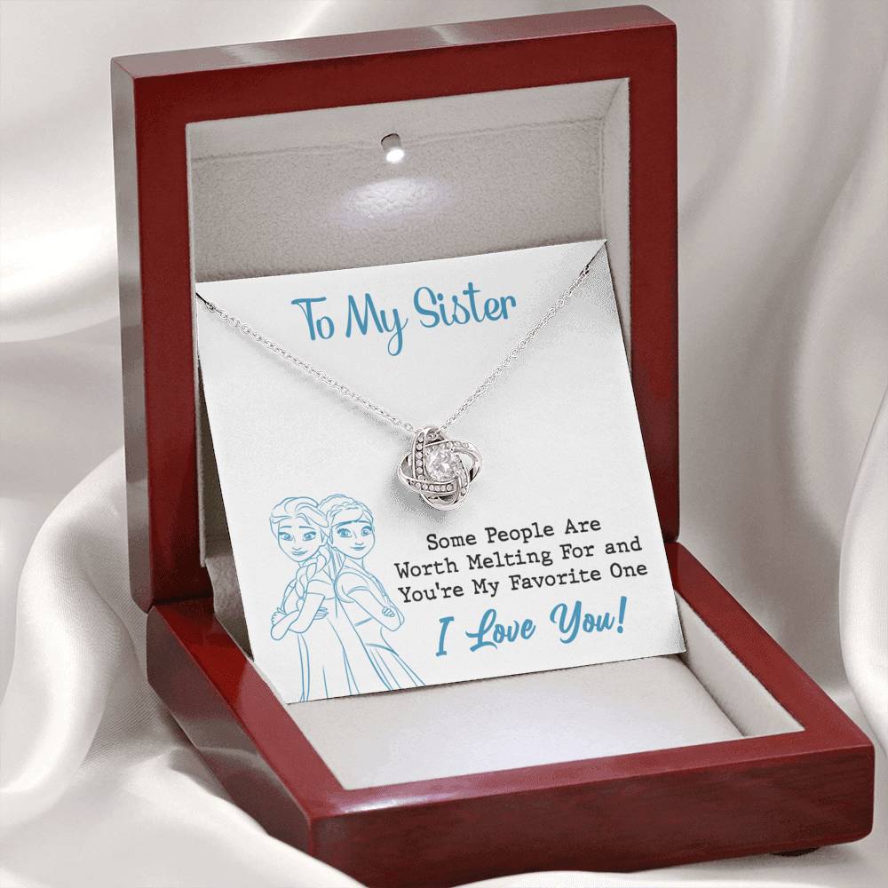 TO MY SISTER WORTH MELTING SKY BLUE LOVE KNOT NECKLACE GIFT SET - ON CLOUD NINE GIFTS