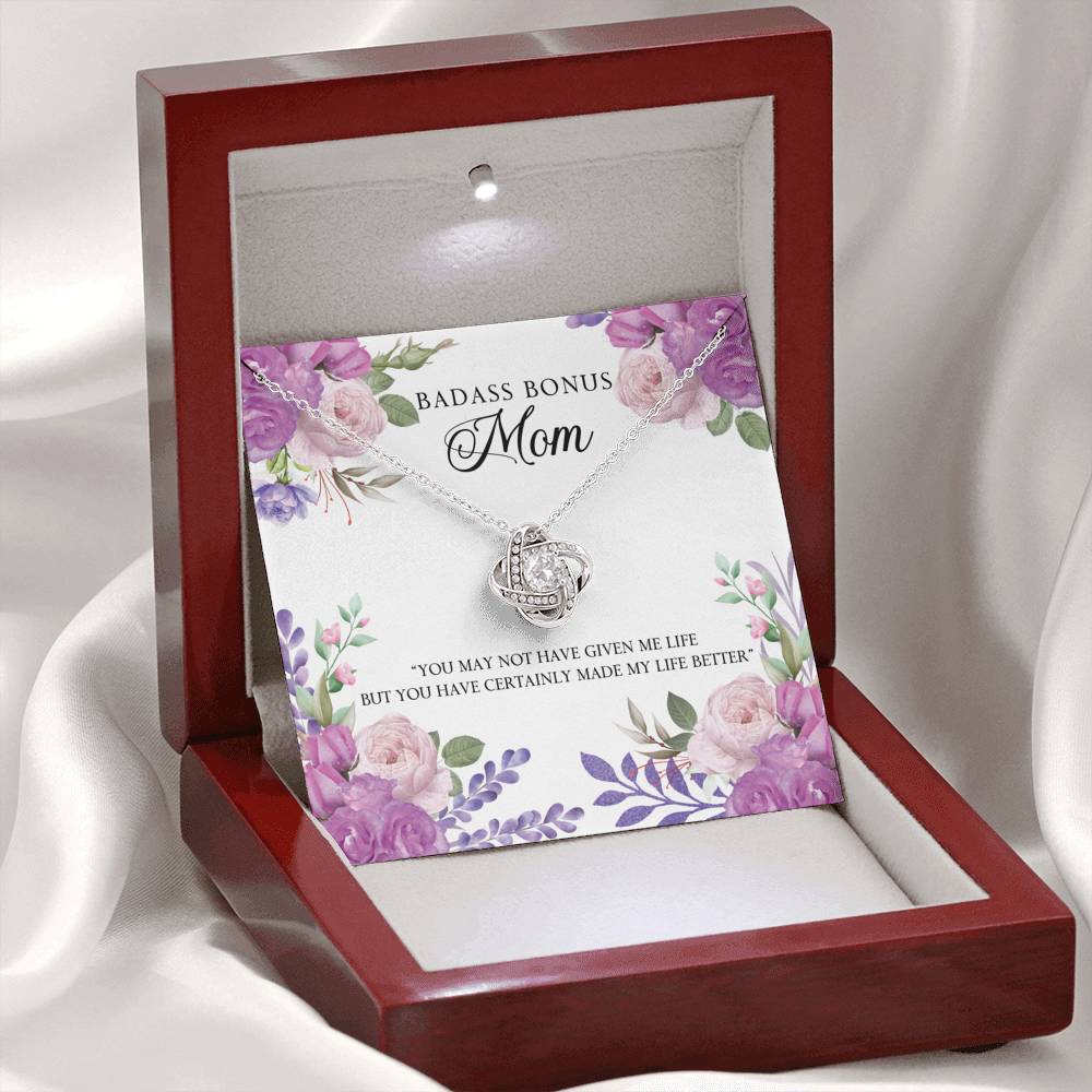 TO MY BADASS BONUS MOM "LIFE-SO" LOVE KNOT NECKLACE GIFT SET - ON CLOUD NINE GIFTS