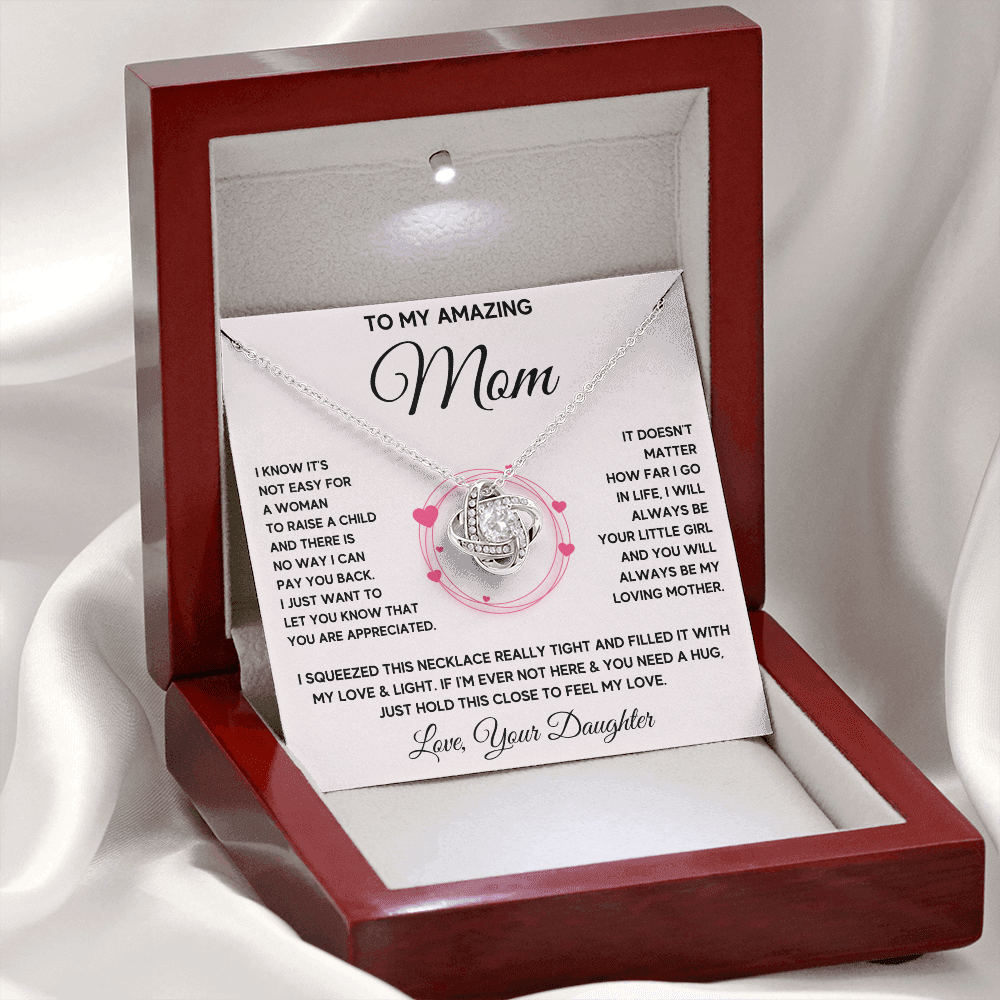 Mother birthday gift from daughter on Mothers Day Heart Pendant Love Knot Necklace I Love You Mom Gifts with Message Card and Gift Box - ON CLOUD NINE GIFTS