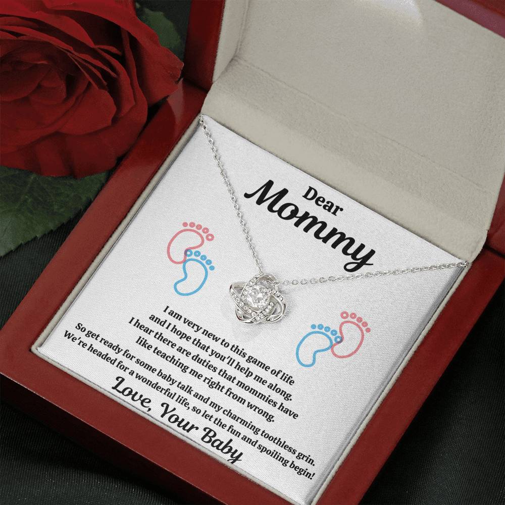 DEAR MOMMY "SPOILING BABY-FEET WHITE" LOVE KNOT NECKLACE GIFT SET - ON CLOUD NINE GIFTS