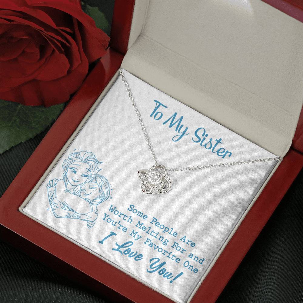 TO MY SISTER WORTH MELTING HUG SKY BLUE LOVE KNOT NECKLACE GIFT SET - ON CLOUD NINE GIFTS