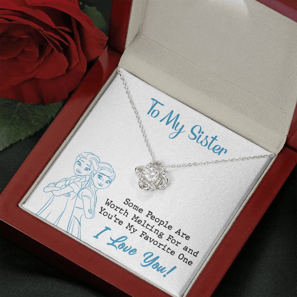 TO MY SISTER WORTH MELTING SKY BLUE LOVE KNOT NECKLACE GIFT SET - ON CLOUD NINE GIFTS