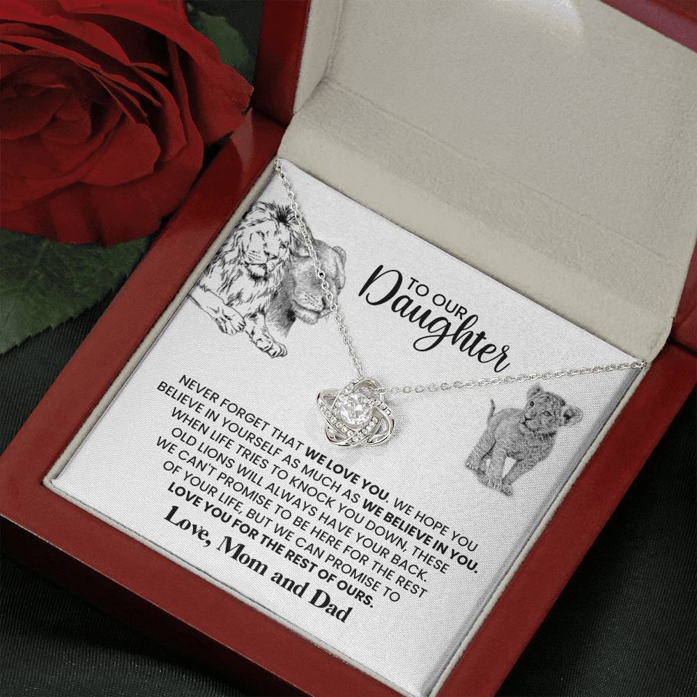 TO OUR DAUGHTER "THESE OLD LIONS" LOVE KNOT NECKLACE GIFT SET - ON CLOUD NINE GIFTS