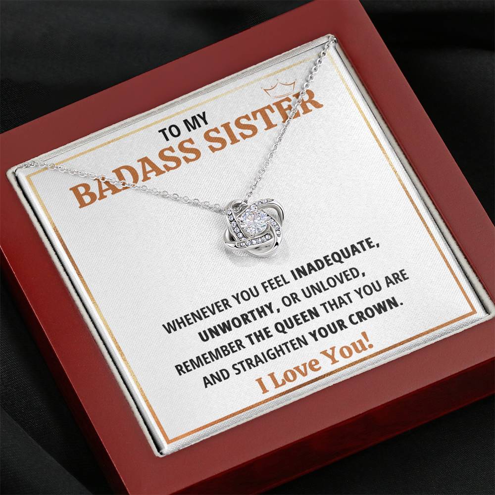 TO MY BADASS SISTER QUEEN LOVE KNOT NECKLACE GIFT SET - ON CLOUD NINE GIFTS