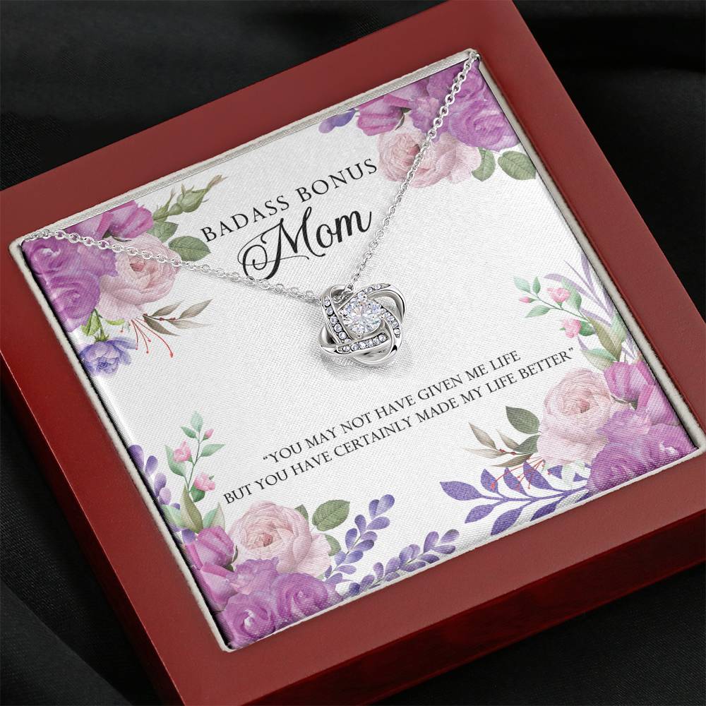 TO MY BADASS BONUS MOM "LIFE-SO" LOVE KNOT NECKLACE GIFT SET - ON CLOUD NINE GIFTS