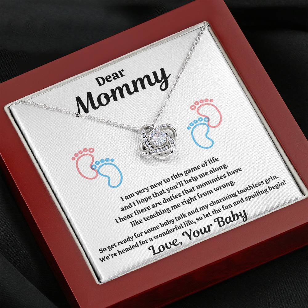 DEAR MOMMY "SPOILING BABY-FEET WHITE" LOVE KNOT NECKLACE GIFT SET - ON CLOUD NINE GIFTS