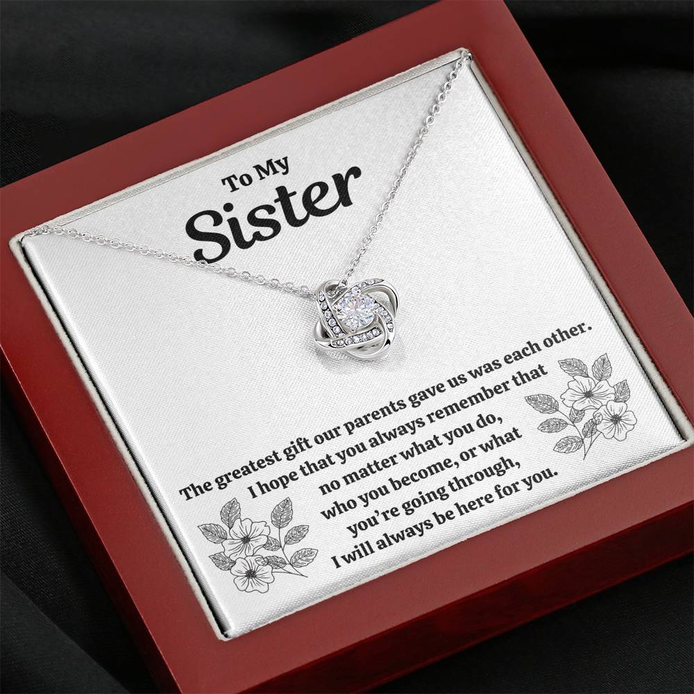 TO MY SISTER "OUR PARENTS" LOVE KNOT NECKLACE GIFT SET - ON CLOUD NINE GIFTS