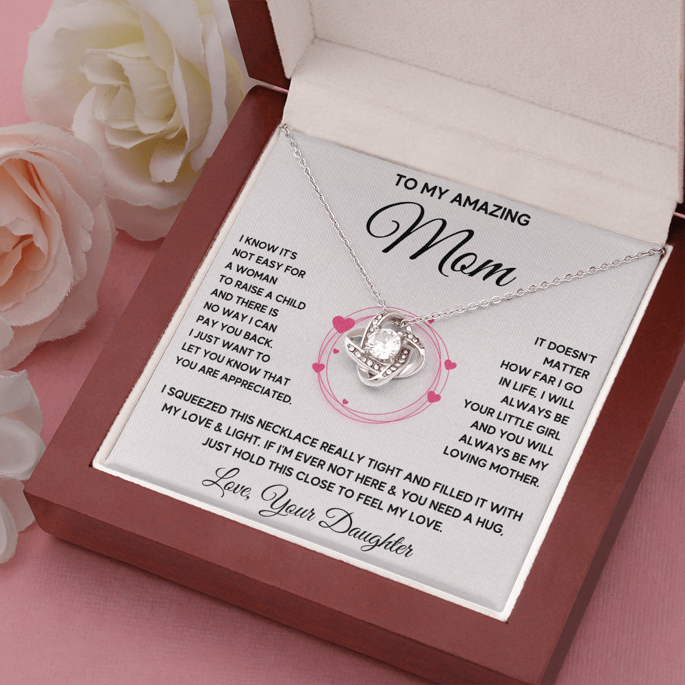 Mother birthday gift from daughter on Mothers Day Heart Pendant Love Knot Necklace I Love You Mom Gifts with Message Card and Gift Box - ON CLOUD NINE GIFTS