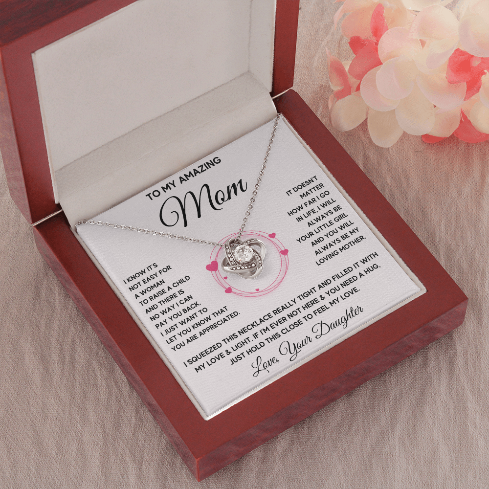 Mother birthday gift from daughter on Mothers Day Heart Pendant Love Knot Necklace I Love You Mom Gifts with Message Card and Gift Box - ON CLOUD NINE GIFTS