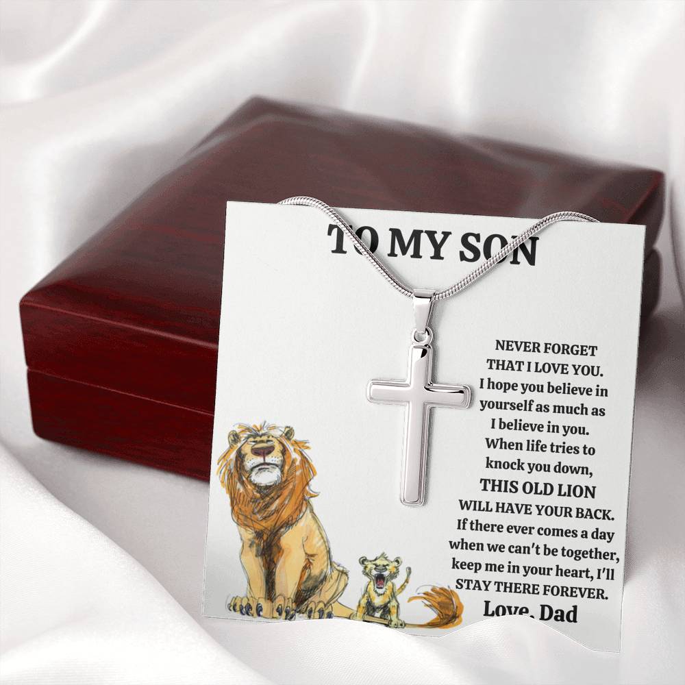 TO MY SON "THIS OLD LION - DRAWING" CROSS NECKLACE GIFT SET - ON CLOUD NINE GIFTS