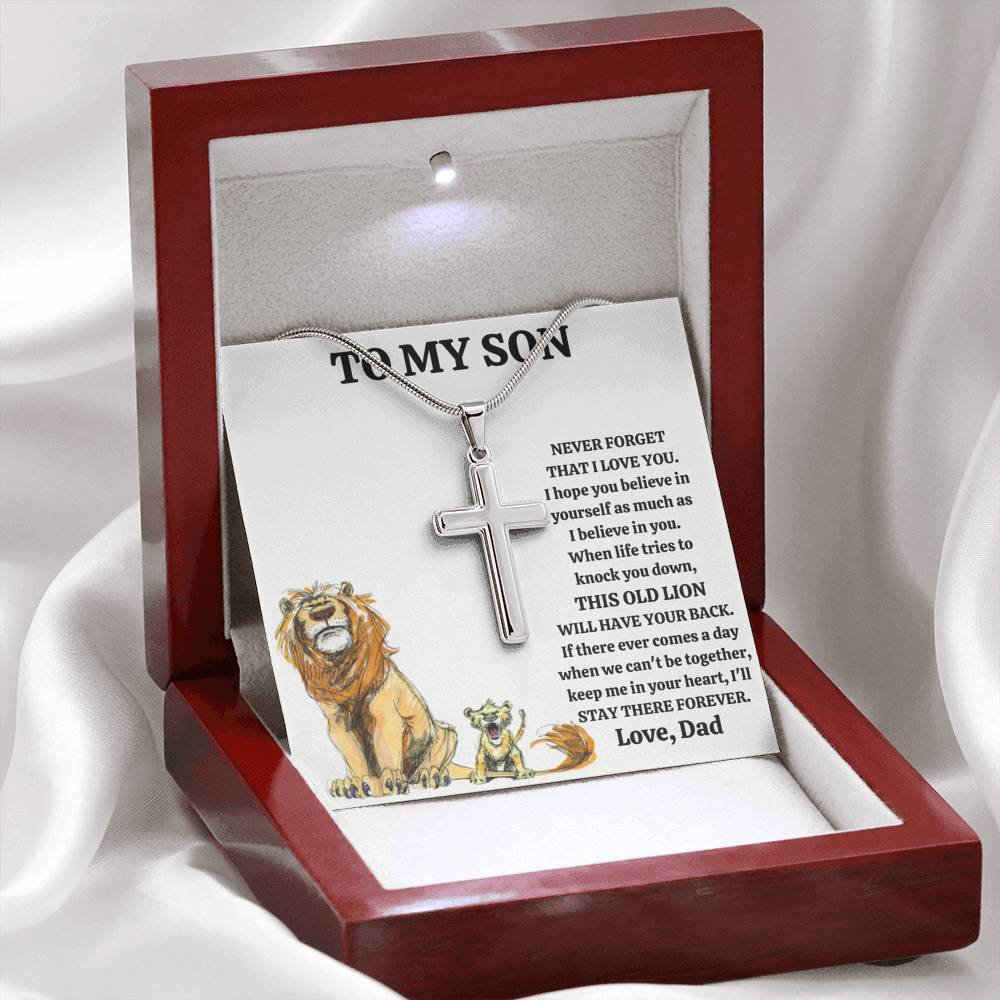 TO MY SON "THIS OLD LION - DRAWING" CROSS NECKLACE GIFT SET - ON CLOUD NINE GIFTS