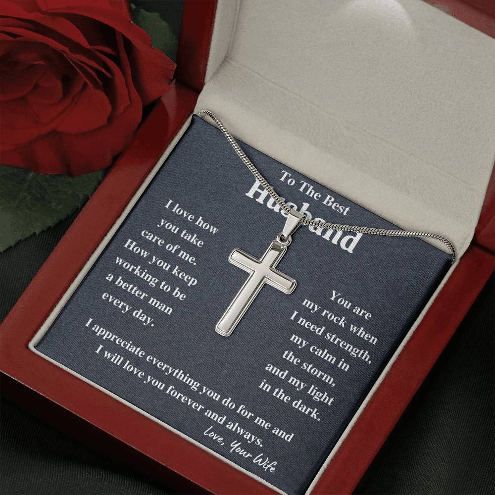 TO THE BEST HUSBAND "MY LIGHT IN THE DARK" ARTISAN CRAFTED CROSS NECKLACE GIFT SET - ON CLOUD NINE GIFTS