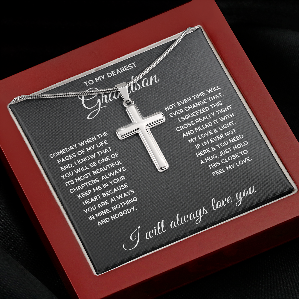 TO MY GRANDSON CHAPTERS SQUEEZED CROSS NECKLACE GIFT SET - ON CLOUD NINE GIFTS